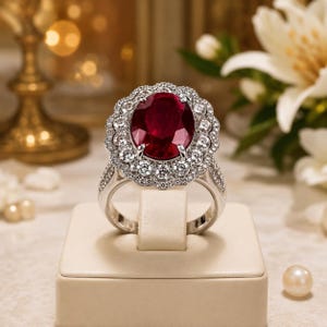 Puede incluir: Un anillo de tono plateado con una gran piedra preciosa de color rojo intenso y corte ovalado en el centro. La piedra central está rodeada por un halo festoneado de pequeñas piedras blancas redondas y claras. El aro tiene piedras claras.