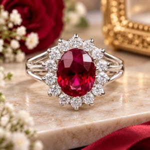 Peut inclure: Une bague argentée avec une grande pierre précieuse rouge foncé de taille ovale au centre. La pierre centrale est entourée d'un halo de douze petites pierres blanches rondes et claires. L'anneau est divisé en plusieurs fins brins de métal poli.