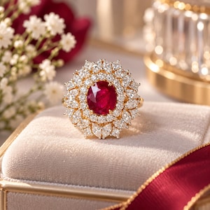 Puede incluir: Un anillo de oro con un gran rubí rojo de talla ovalada en el centro, rodeado por dos halos concéntricos de diamantes blancos de talla marquesa y redonda. El engaste es de oro amarillo, creando un diseño de racimo inspirado en una flor.