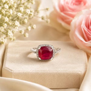 Op de afbeelding: Een zilveren ring met een grote, kussengeslepen, dieprode robijn in het midden. De robijn is omringd door een halo van kleine, heldere, rondgeslepen witte diamanten, met extra kleine diamanten gezet langs de ringband.