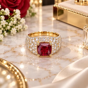 5,10 ct kuddring med naturlig rubin och diamant i 14 karat gult guld, jubileumspresent (importfri)
