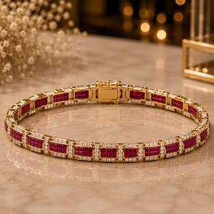 Puede incluir: Una pulsera de oro con secciones rectangulares alternas de rubíes rojo intenso y pequeños diamantes blancos transparentes. La pulsera está construida con un mecanismo de cierre de caja seguro y muestra un patrón repetitivo de engastes.