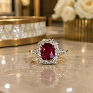 5,10 ct kuddring med naturlig rubin och diamant i 14 karat gult guld, jubileumspresent (importfri)