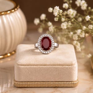 Puede incluir: Un anillo de tono plateado con una gran piedra preciosa de color rojo intenso y corte ovalado en el centro, rodeada por un halo de pequeñas piedras claras y brillantes. El anillo está colocado sobre un cojín cuadrado de color beige.