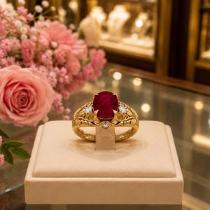 Op de afbeelding: Een gouden ring met een grote ovaal geslepen dieprode robijn in het midden, geaccentueerd door twee kleinere rond geslepen witte diamanten aan weerszijden. De ringband is voorzien van gedetailleerd bloemvormig filigraan en een kleine diamant.