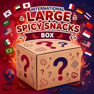 Puede incluir: Una caja de cartón con el texto INTERNATIONAL LARGE SPICY SNACKS BOX, decorada con signos de interrogación e iconos de aperitivos. El fondo muestra un mapa mundial, llamas y varias banderas nacionales rodeando la caja central.