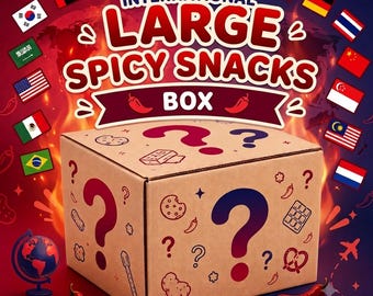 May include: A cardboard box featuring the text INTERNATIONAL LARGE SPICY SNACKS BOX, decorated with question marks and snack icons. The background displays a world map, flames, and various national flags surrounding the central box.