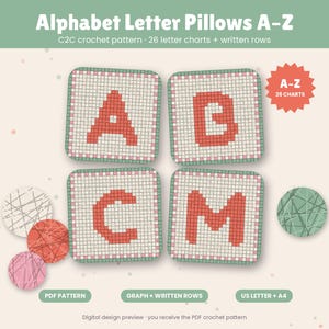 May include: A digital crochet pattern for alphabet letter pillows featuring the text Alphabet Letter Pillows A-Z, C2C crochet pattern, 26 letter charts + written rows. The design displays four square pillows with red letters A, B, C, and M on a grid.