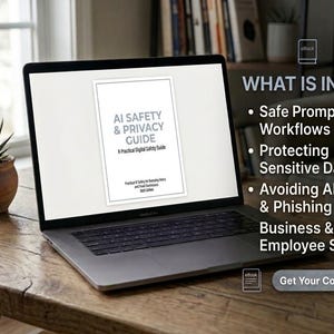 Op de afbeelding: Een laptop met de cover van een e-book genaamd AI Safety & Privacy Guide. Het scherm toont de titel en ondertitel, terwijl aan de rechterkant de inhoud wordt vermeld, waaronder veilig prompten, gegevensbescherming en het vermijden van oplichting.