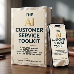 Könnte beinhalten: Ein Hardcover-Buch und ein Smartphone mit dem Titel The AI Customer Service Toolkit, sowie dem Untertitel AI-Powered Systems to Respond Faster, Support Customers Better & Reduce Repetitive Work und Premium Customer Service System.