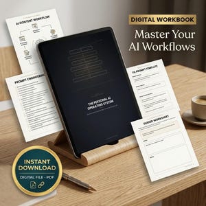 Op de afbeelding: Een digitaal werkboek weergegeven op een tabletscherm en geprinte pagina's met AI-contentworkflows, prompt-engineering-sjablonen en begeleide werkbladen. De tekst luidt Master Your AI Workflows en The Personal AI Operating System.