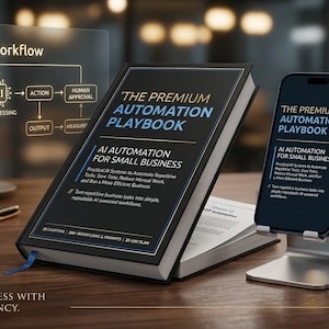 以下が含まれることがあります： 「The Premium Automation Playbook: AI Automation for Small Business」というタイトルの黒い本と、同じタイトルを表示したスタンド上のスマートフォン。半透明のグラフィックには、AIワークフローの図が表示されています。