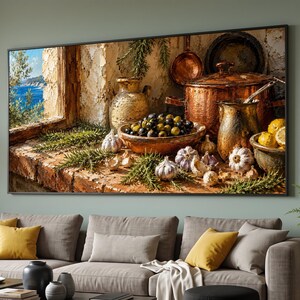 Bodegón rústico de cocina en lienzo, arte de cuenco de aceitunas mediterráneo, decoración de olla de cobre y ajo, arte de pared en lienzo para el hogar costero