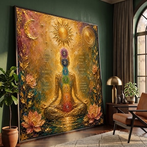 May include: A textured wall art piece featuring a golden figure in a meditative pose with seven colorful chakra symbols along the spine. The artwork includes a sun, moon, lotus flowers, and text reading I AM ALIGNED, I AM WORTHY, I AM ENOUGH, CHOOSE PEACE, I RADIATE LOVE, and I AM BECOMING EVERYTHING I AM MEANT TO BE.