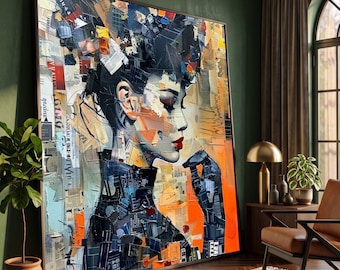Elegant Woman Portrait Canvas, Newspaper Collage Art, Modern Profile Wall Decor