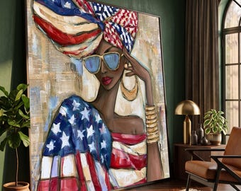 American Flag Wrap Woman Canvas Art, Patriotic Glamour Portrait, Bold Statement Décor