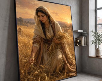 Woman Gathering Wheat Sunset Landscape Canvas Wall Art, Rustic Rural Scene Print