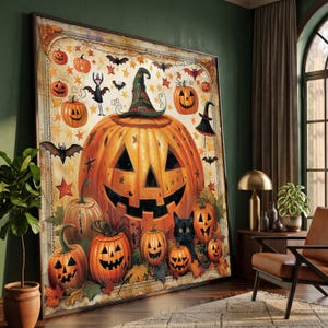 Halloween-Kürbisfeld-Leinwandbild, Kürbislaternen mit Hexenhut, schwarze Katze und Fledermäuse, Herbstdeko, gruselige Herbstleinwand