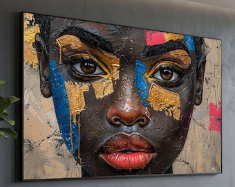 Vibrant African Woman Portrait Canvas, Modern Face Wall Art, Contemporary Home Accent Piece