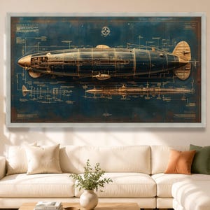 May include: A framed wall art print featuring a detailed technical blueprint of a submarine in dark blue and gold tones. The illustration displays a large side profile of the vessel with intricate mechanical schematics, annotations, and a compass rose.