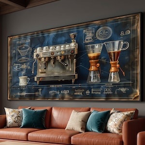 Pode incluir: Uma grande peça de arte de parede retangular com um design de planta em azul escuro de uma máquina de café expresso metálica e duas jarras de café de vidro com colares de madeira. A impressão inclui desenhos técnicos e o texto AVSEL OF COFFA.