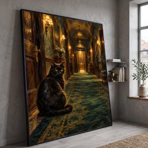 May include: A large rectangular framed wall art piece featuring a black cat sitting in the foreground of a long, dimly lit hotel hallway. The hallway has dark wood paneling, ornate gold wall sconces, and a patterned green carpet leading to a door.