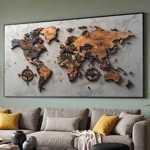 May include: A large rectangular wall art piece featuring a three-dimensional wooden world map mounted on a textured light grey background. The map displays continents in varying shades of brown wood grain, accompanied by two circular compass designs.