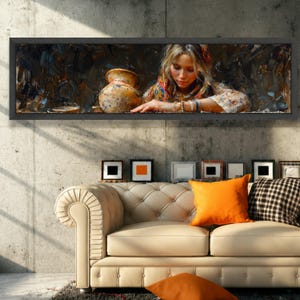 Contemplative Woman with Pottery Canvas, Rustic Still Life Wall Art, Bohemian Style Portrait Canvas, Artistic Home Decor, Warm Earth Tone