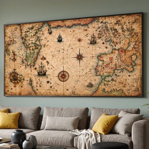 May include: A large rectangular wall art piece featuring an antique-style nautical map with sepia tones, intricate landmass outlines, multiple sailing ships, and complex navigational compass rose diagrams printed across the aged parchment surface.