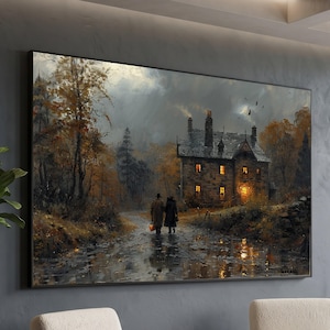 May include: A rectangular wall art print depicting a stone house with glowing windows at dusk. Two figures in long coats walk along a wet, reflective path surrounded by autumn trees under a cloudy, dark sky with birds flying in the distance.
