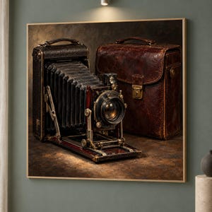 May include: A vintage folding bellows camera with a black textured body and metallic accents positioned next to a dark brown leather carrying case with a brass latch closure. The camera features a prominent circular lens and accordion bellows.