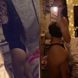 May include: A black long-sleeved bodysuit with a high-cut leg opening and a black two-piece bikini set consisting of a cropped tank top and high-cut thong bottoms, both shown in mirror reflections with long dark hair and a smartphone held in hand.