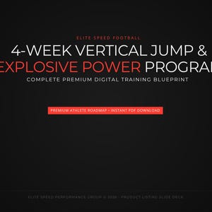 Puede incluir: Un documento de entrenamiento digital negro titulado Elite Speed Football 4-Week Vertical Jump & Explosive Power Program. Incluye el texto Complete Premium Digital Training Blueprint y Premium Athlete Roadmap - Instant PDF Download.