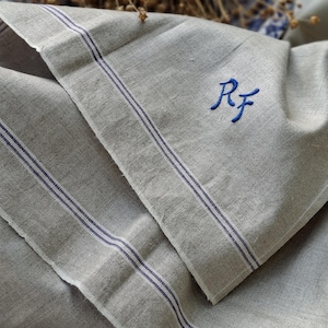 Könnte beinhalten: Eine gefaltete Leinen-Serviette in Naturbeige, mit zwei dünnen, dunkelblauen Streifen am Rand. Die Serviette ist mit den blauen Initialen "RF" in Schreibschrift bestickt. Der Stoff hat eine leicht strukturierte Optik.