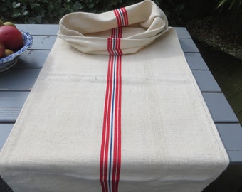 Antique Handwoven Linen Grainsack Sack Feedsack Red  Blue Stripes Farmerslinen Germanlinen 58  inch long   and 22 inch wide Vintage  RARE