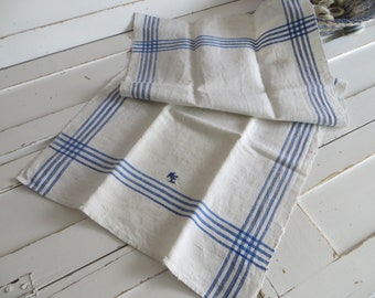 Towel Linen handwoven Tea Towel  Antique Linen Blue Stripes Vintage Cottagestyle Kitchentowel Unused German Antique 16" by48" Table Runner