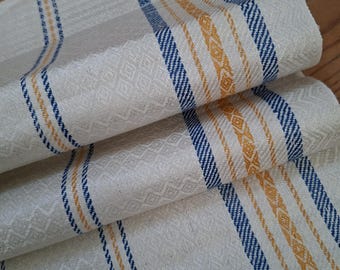 Vintage Damast Handtuch Leinen Halbleinen 45x95cm blau gelb gestreift Rautenmuster Küchentuch Farmhouse Leinen Geschirrtuch Geschirrhandtuch