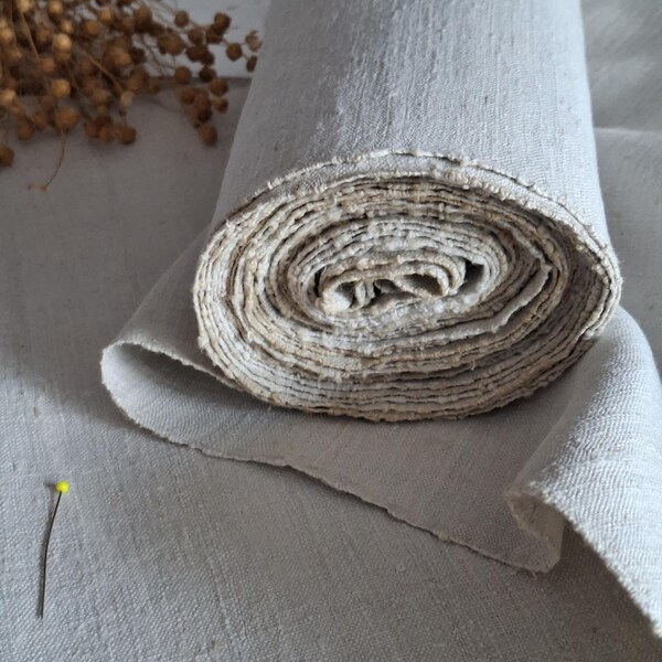 Antique Handwoven Linen Fabric 303  inch long  – European Bauernleinen Ecru Vintage Linen Cloth Rustic Farmhouse Fabric Natural Flax Linen