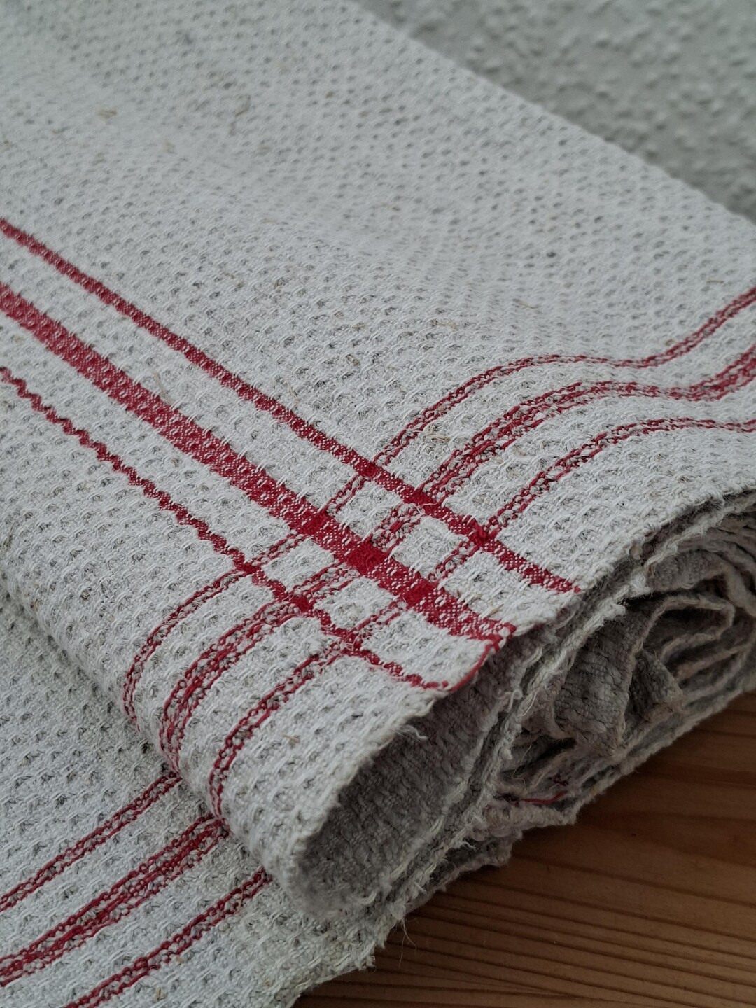 German Kitchen Rag Antique German Hand Towel Linen Red Stripe 100% Flax Linen Waffle Weave ...