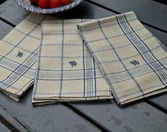 Set of 3 Antique Linen Kitchen Towels Blue Checked Monogram AB Rustic Farmhouse Cottagecore French Country Linen Towels Vintage Decor