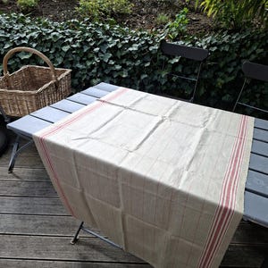 Rzadki, antyczny, lniany obrus zwijany, w czerwone paski, 80 x 290 cm, styl wiejski, francuski, zasłona, tkanina lniana vintage
