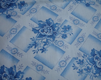 SALE PRICE REDUCED German Vintage   White Cotton Fabric  Blue Fuchsia Rose and Daisies   Upholstery  Quilting Patchwork Sewing Project