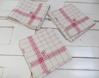 Three   Large  Towels  Tea Towels Classic   Linen Red Stripes  Farmerslinen Vintagelinen Kitchen Cloth Unused Towel  Classic Red Vintage