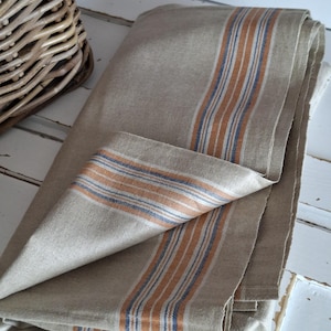 Antikes Mangeltuch  100 % Leinen Seltene Streifen orange blau weiss 80 x 275 cm  Rolltuch  Vintage Leinentuch Deko Tischläufer Tischtuch