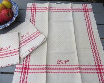 Three Swedish Towel Tea Guest Hand Towel Rustic Linen  Red Stripes Monogram LN Sweden  Skandinavien Antique Farmhouse  Kitchen Towel RARE