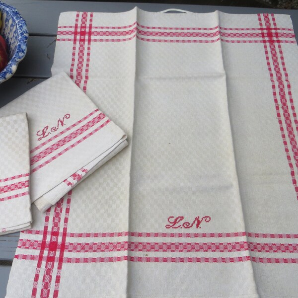 Three Swedish Towel Tea Guest Hand Towel Rustic Linen  Red Stripes Monogram LN Sweden  Skandinavien Antique Farmhouse  Kitchen Towel RARE