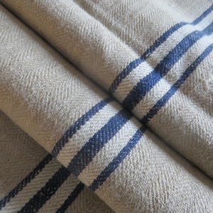 Sacco di lino, sacco per mangime antico, sacco per farina, sacco del contadino, sacco di lino, lino del contadino tessuto a mano, strisce blu, 50 cm x 129 cm, sacco per la biancheria in lino tedesco