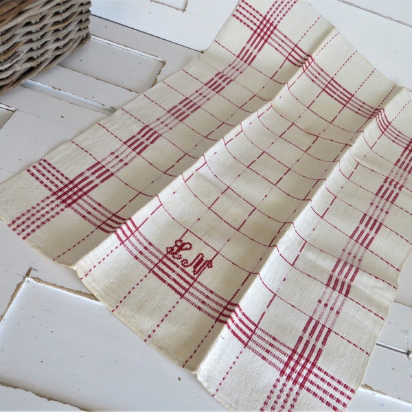 Towel Swedish Tea Guest Hand Towel Rustic  Halflinen Red Stripes Monogram LN Swedish Skandinavien Antique Farmhouse Look Kitchen Towel North