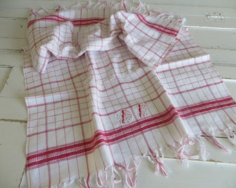 Towel Hand Guest Tea Towel Dish Cloth Table Runner French Vintage Antique White Cotton Red Stripes Fringes Monogram DF Frenchlinen Torchon