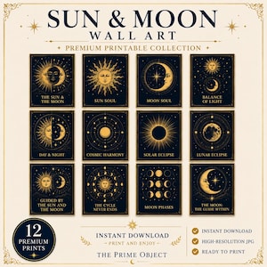 Sun and Moon Wall Art Set of 12, Celestial Bundle, Navy Gold Astrology Decor, Solar Lunar Poster, Printable